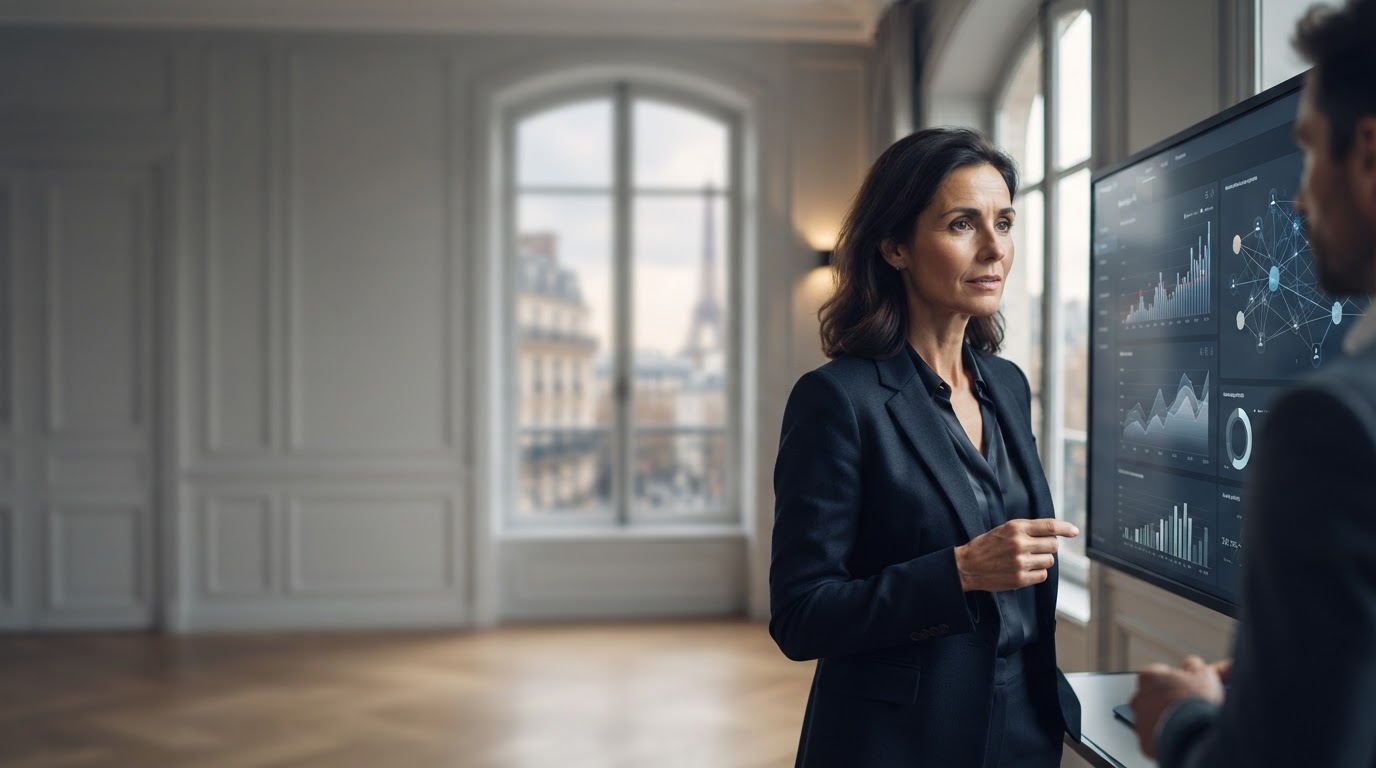 Patrelys IA — représentation abstraite de flux de données financières analysés par intelligence artificielle